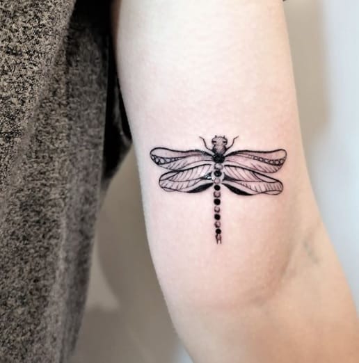 dragonfly on bicep tattoo