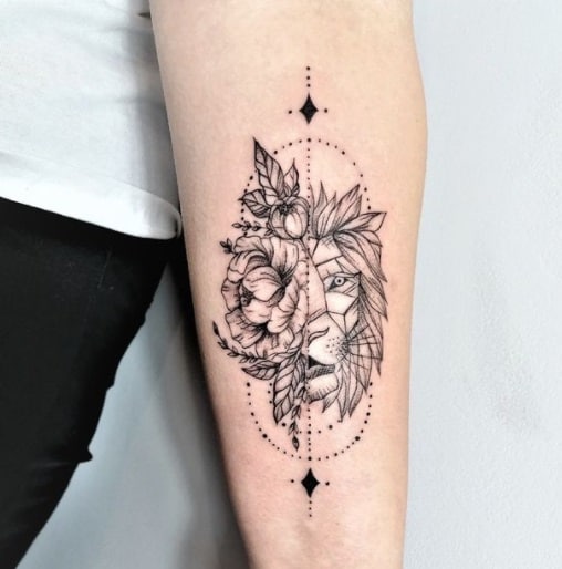 lion and flowers forearm tattoo idea