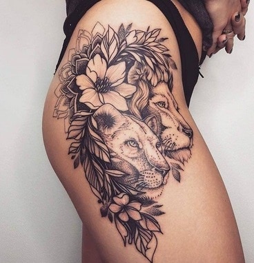 lions tattoo on the hip for women