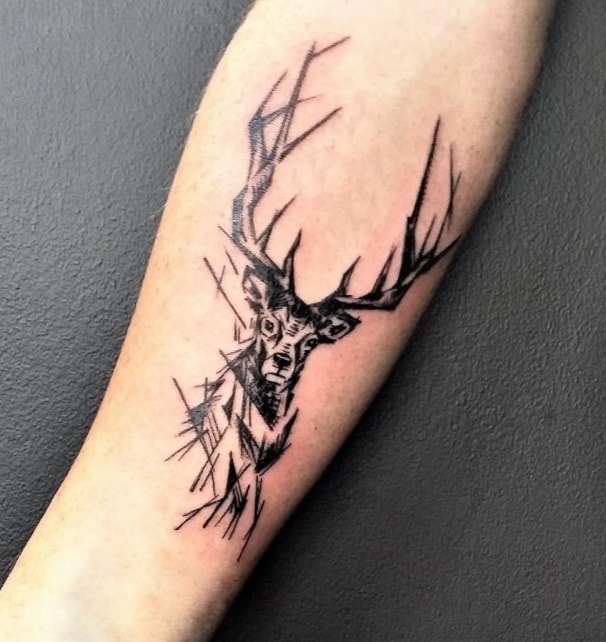 Awesome line tattoo of deer